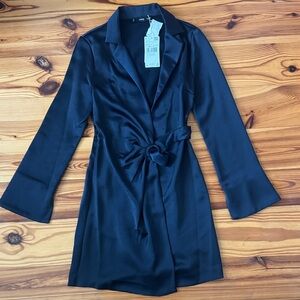 NWT Mango Emily Wrap Satin Dress in Navy XXS
